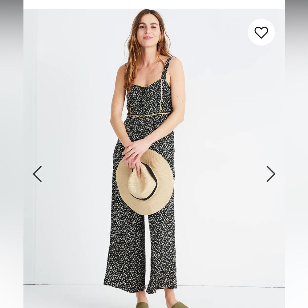 Madewell button front wide leg jumpsuit in black/gold floral print